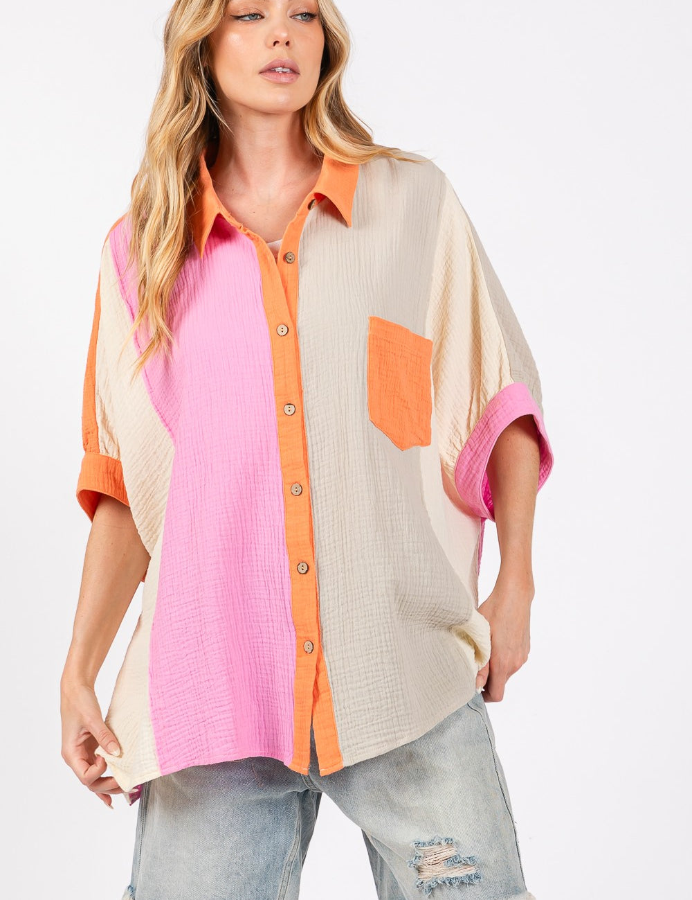 SAGE + FIG Full Size Color Block Button-Down Shirt