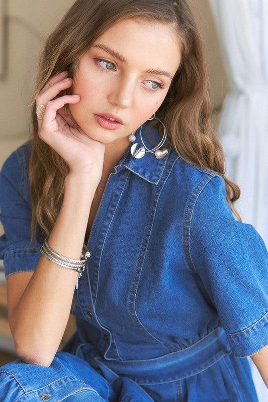 ADORA Tiered Button Down Tie Waist Short Sleeve Denim Dress - DAVERRI FASHIONS
