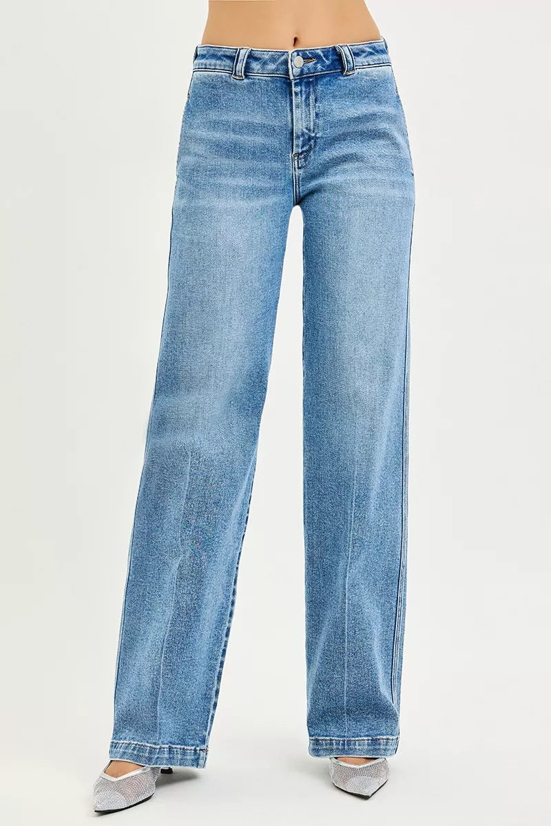 RISEN Slouchy Straight Jeans in light-wash blue high-rise denim