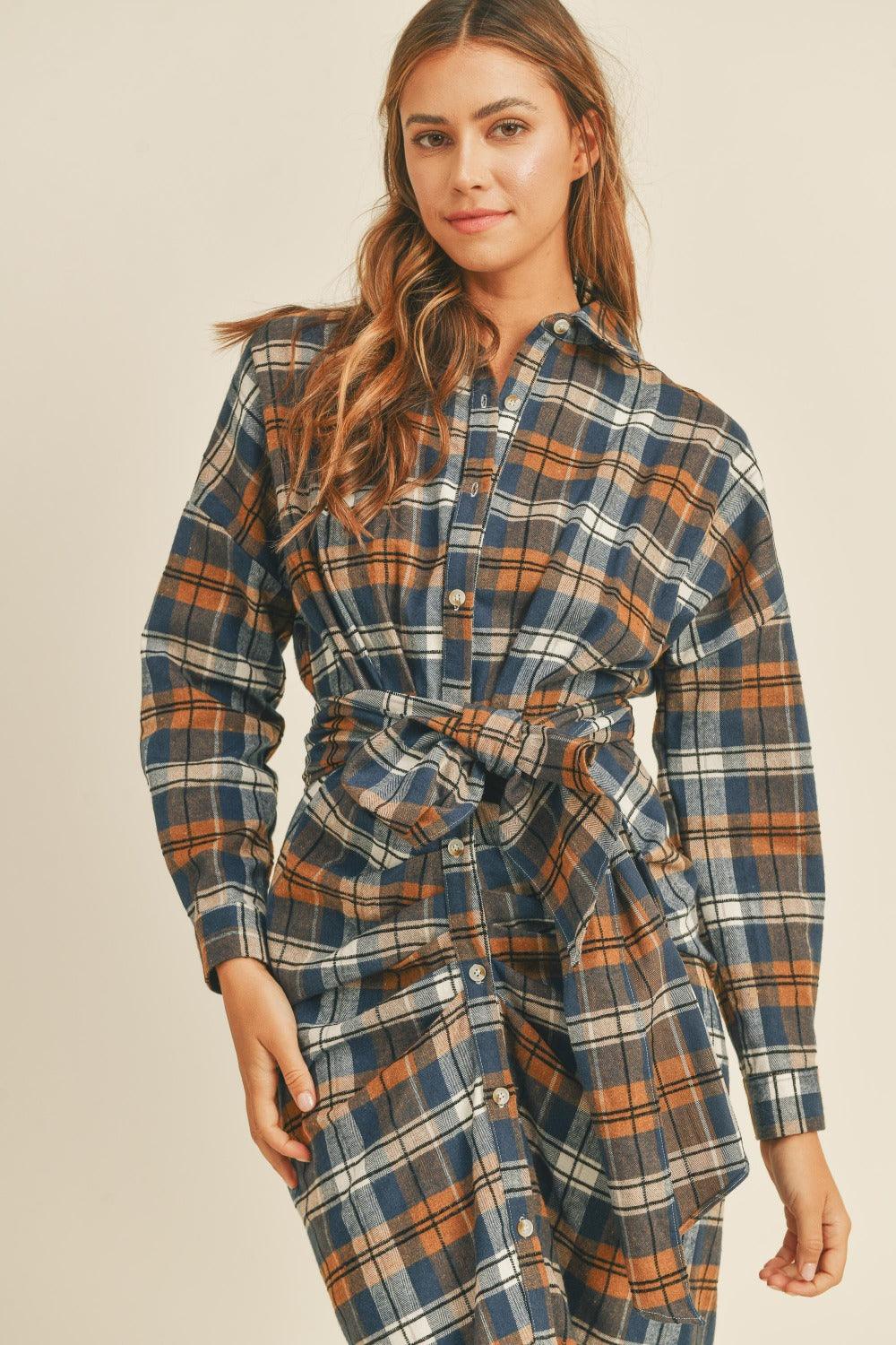 Mable Plaid Flannel Front Tie Button Down Shirt Dress Midi Dresses