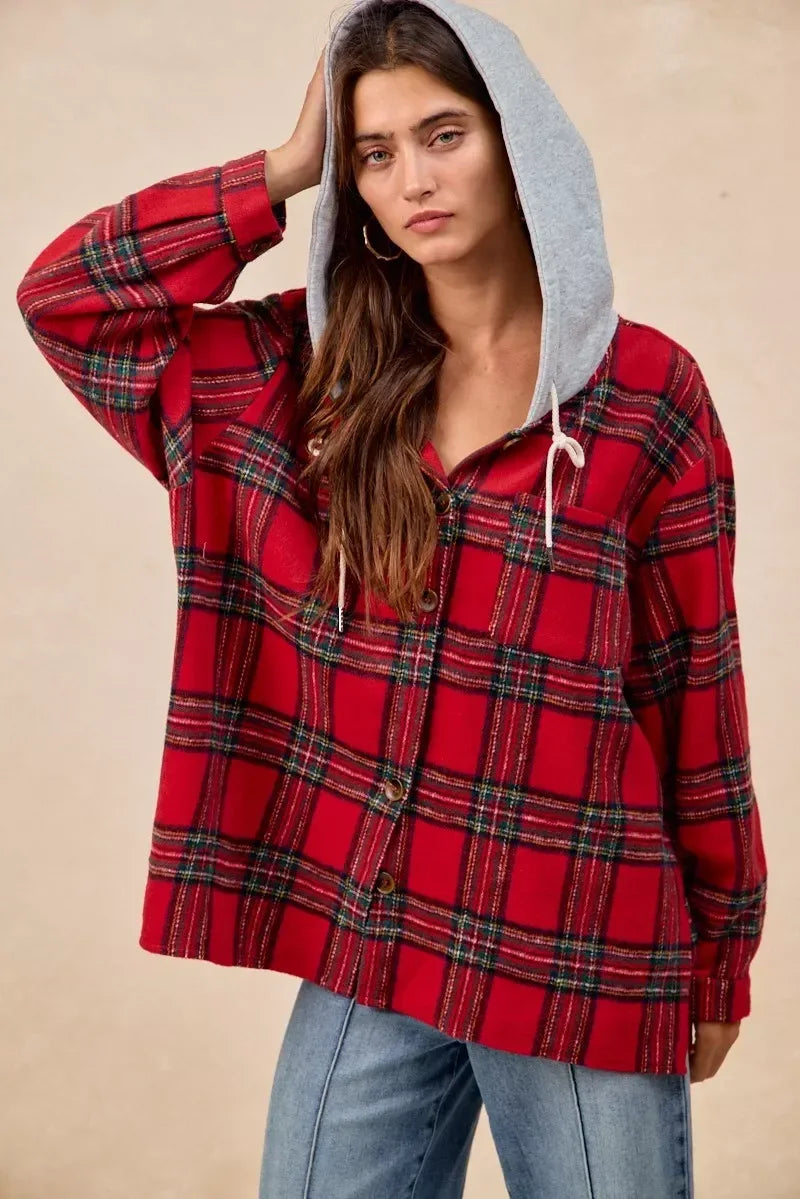 BiBi Brushed Plaid Hooded Jacket - DAVERRI FASHIONS