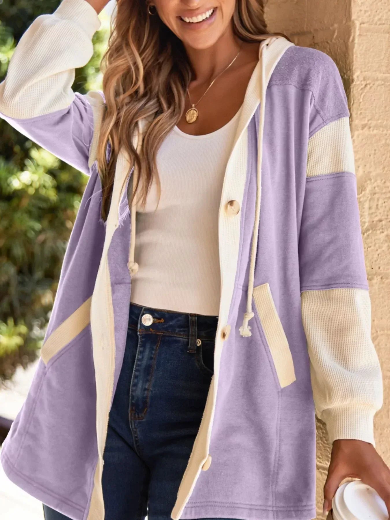 Waffle Contrast Knit Color Block Patchwork Button Front Oversize Hoodie - DAVERRI FASHIONS