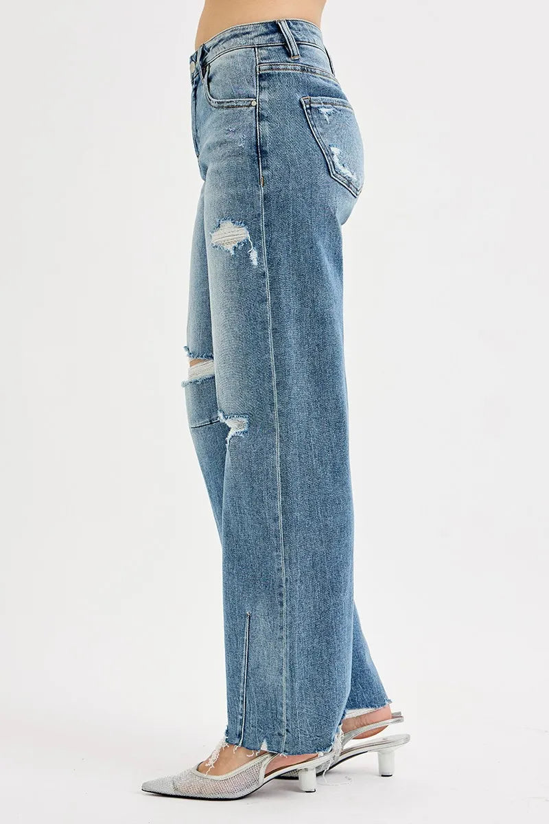 RISEN Full Size Mid Rise Fit Wide Baggy Leg Tie Washed Jeans Plus Size | Jeans Daverri Fashions