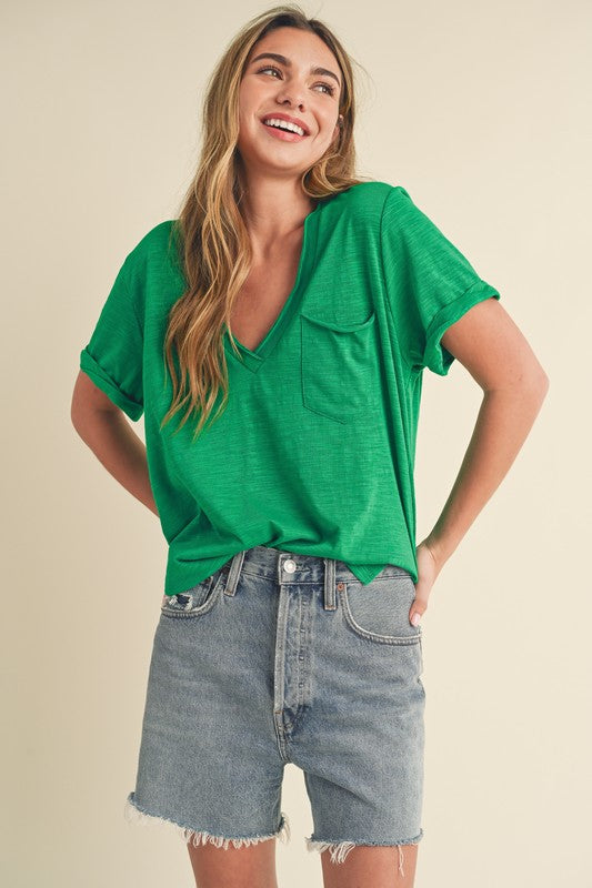 Aemi + Co Side Slit V-Neck Short Rolled Sleeve T-Shirt