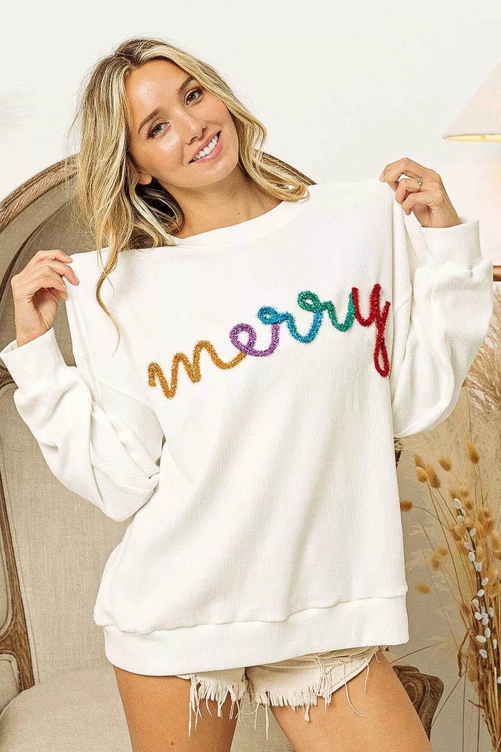 BiBi Merry Tinsel Lettering Drop Shoulder Sweatshirt | Sweatshirts Daverri Fashions