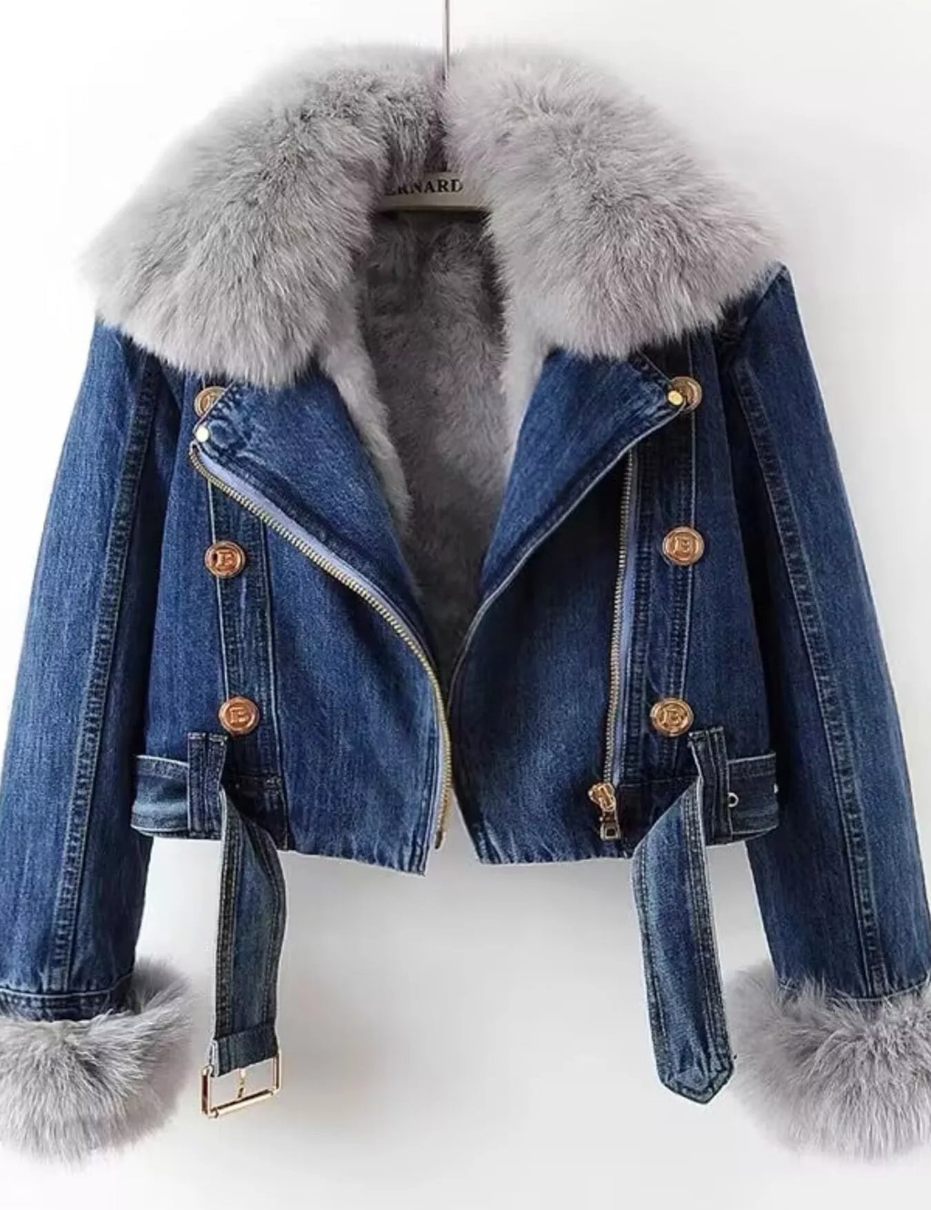 Dark Blue Full Size Faux Fur Collar Denim Jacket Plus Size | Jackets Daverri Fashions