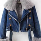 Full Size Faux Fur Collar Denim Jacket Plus Size - DAVERRI FASHIONS