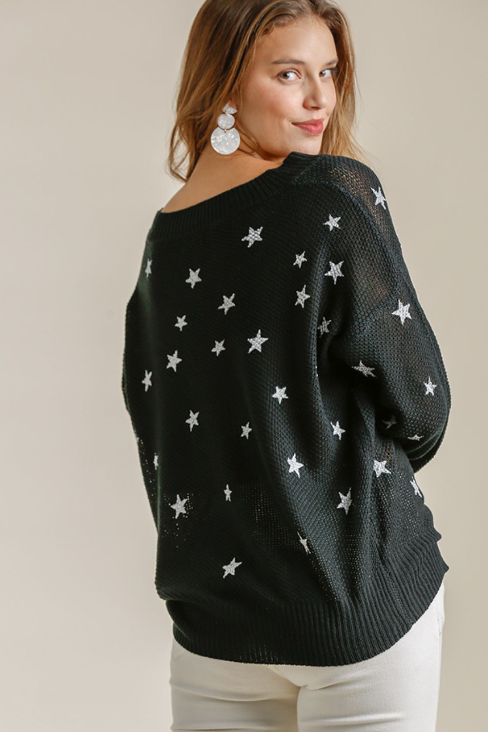 Umgee Full Size Star V-Neck Long Sleeve Sweater Plus Size