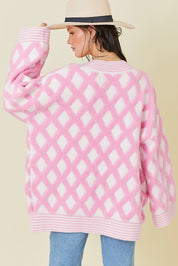 Pink Rhombus Pattern Open Front Pocketed Knit Cardigan