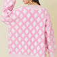 Pink rhombus pattern open front pocketed knit cardigan sweater