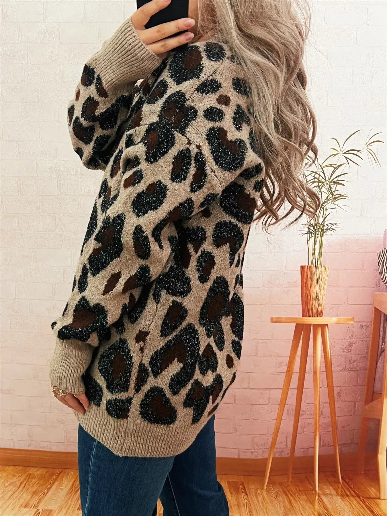 Leopard V-Neck Drop Shoulder Sweater - DAVERRI FASHIONS