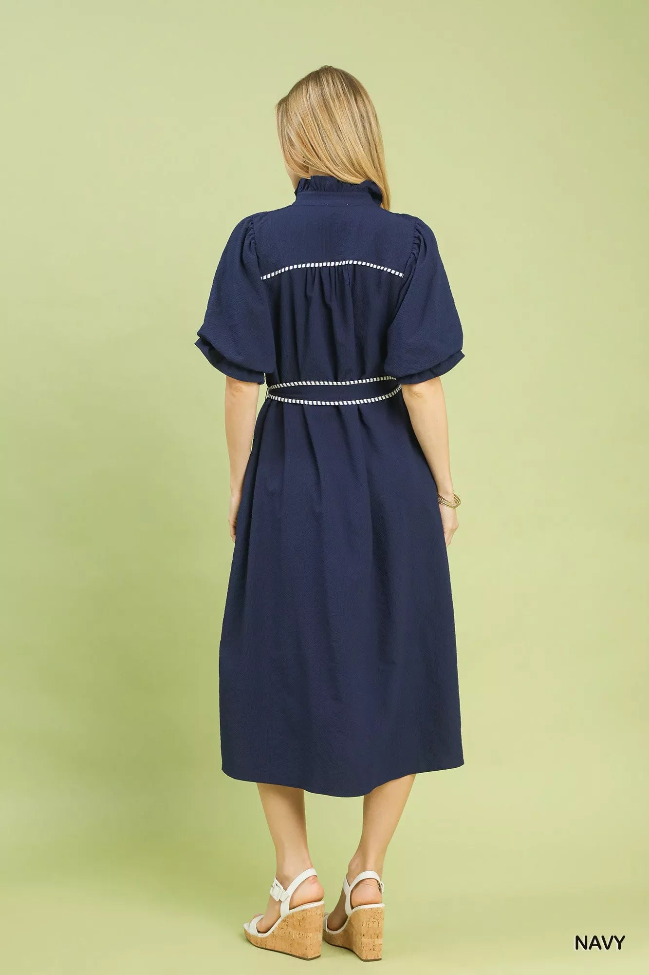 Navy blue Umgee Ruffle Collar Midi Dress with white beaded trim