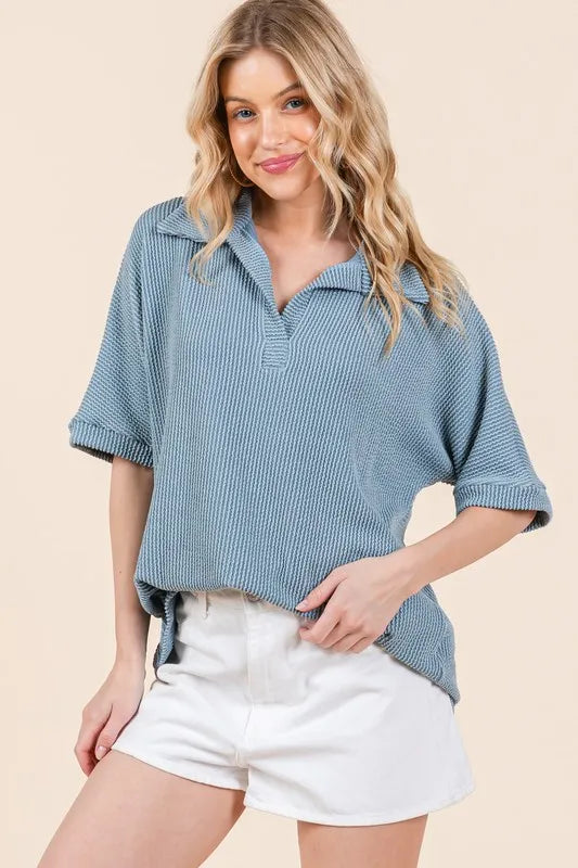 BOMBOM Ribbed Collared Neck Top