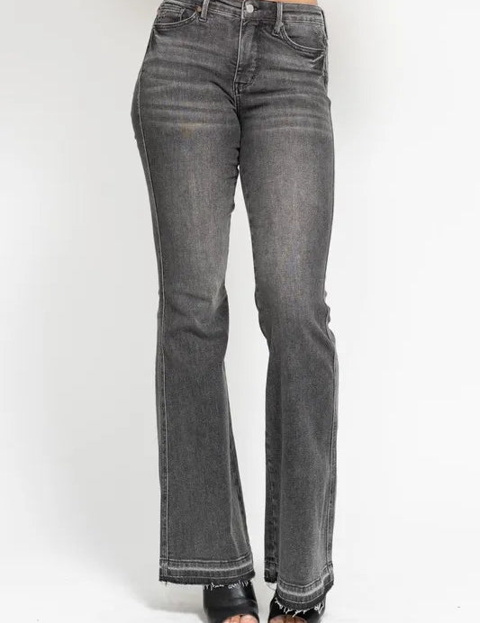 Judy Blue Full Size Mid Rise Tummy Control Washed Gray Release Hem Flare Jeans Plus Size | Daverri Fashions