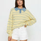 Yellow and blue striped knit sweater with denim collar