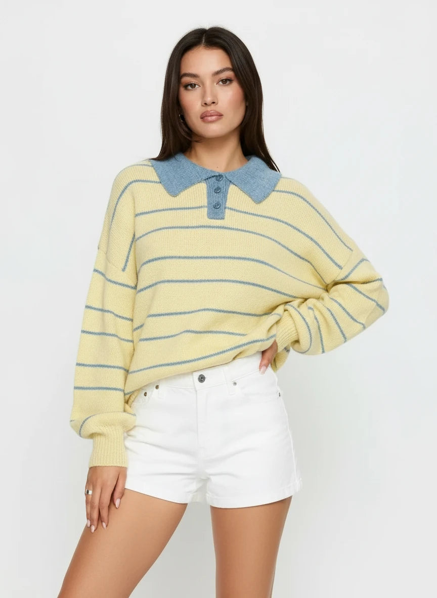 Yellow and blue striped knit sweater with denim collar