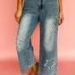 Star embroidered high waist wide leg light-wash denim jeans
