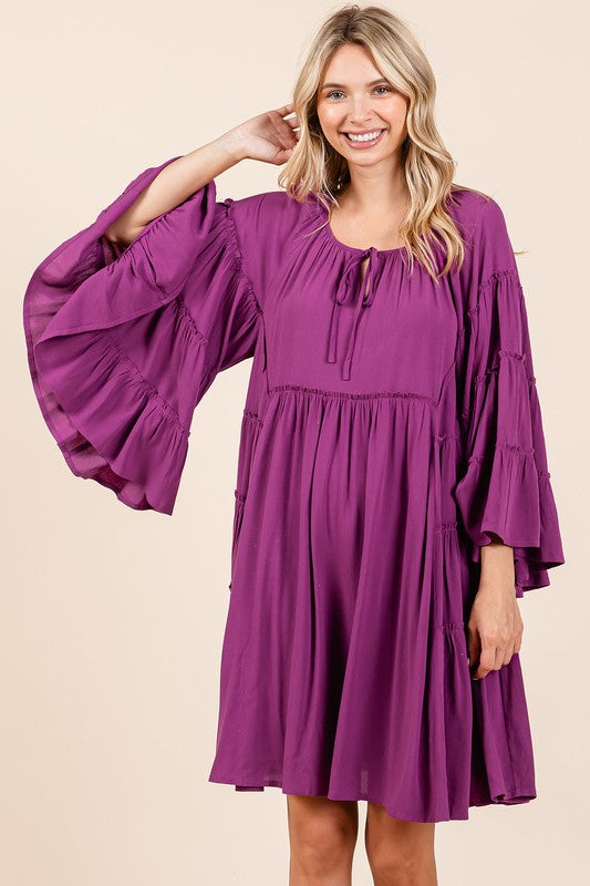 Mittoshop Frill Tie Neck Bell Sleeve Dress Midi Dresses