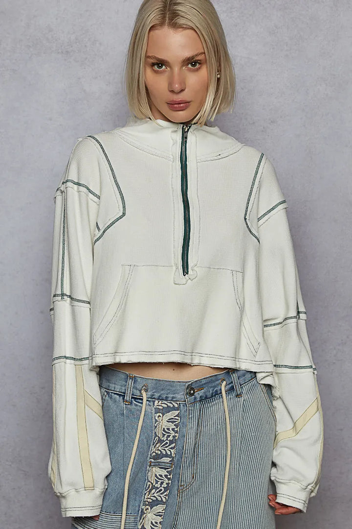 POL Contrast Stitching Zip Front Sweatshirt