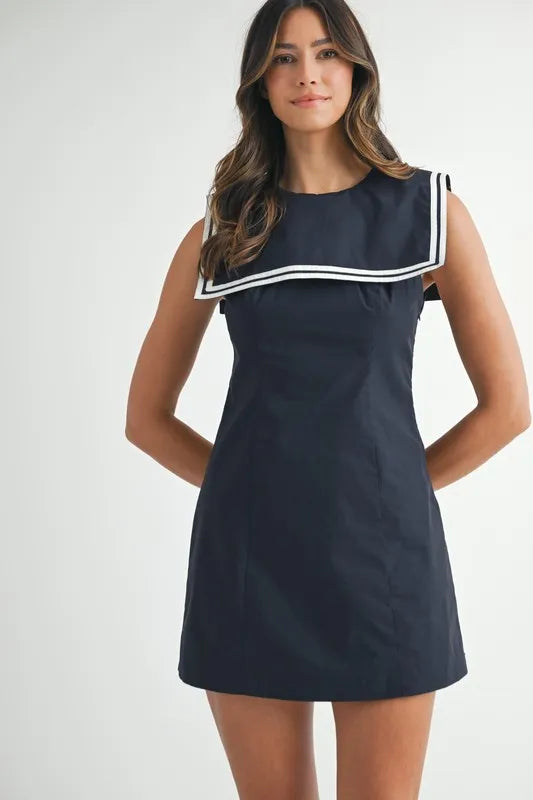 MABLE Contrast Piping Square Sailor Collar Mini Dress Navy