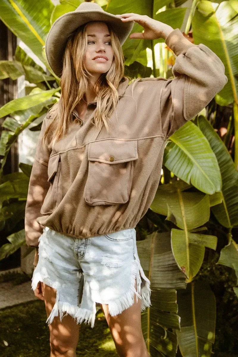 BiBi Half Zip Vintage Washed Fleece Pullover - DAVERRI FASHIONS