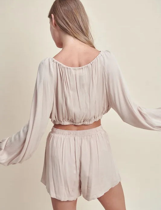 MABLE Gauze Long Sleeve Button Crop Top and Short Set | Outfit Sets Daverri Fashions