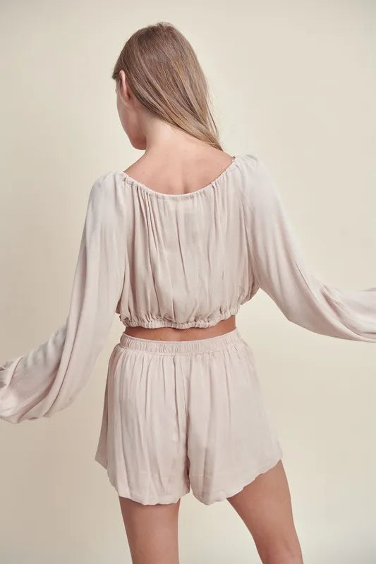 MABLE Gauze Long Sleeve Button Crop Top and Short Set Outfit Sets