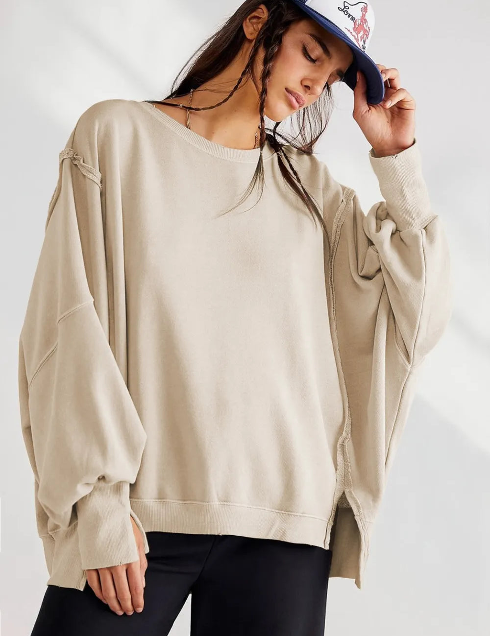 Cream Slit Round Neck Dropped Shoulder Sweatshirt | Sweatshirts Daverri Fashions