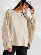 Cream Slit Round Neck Dropped Shoulder Sweatshirt | Sweatshirts Daverri Fashions