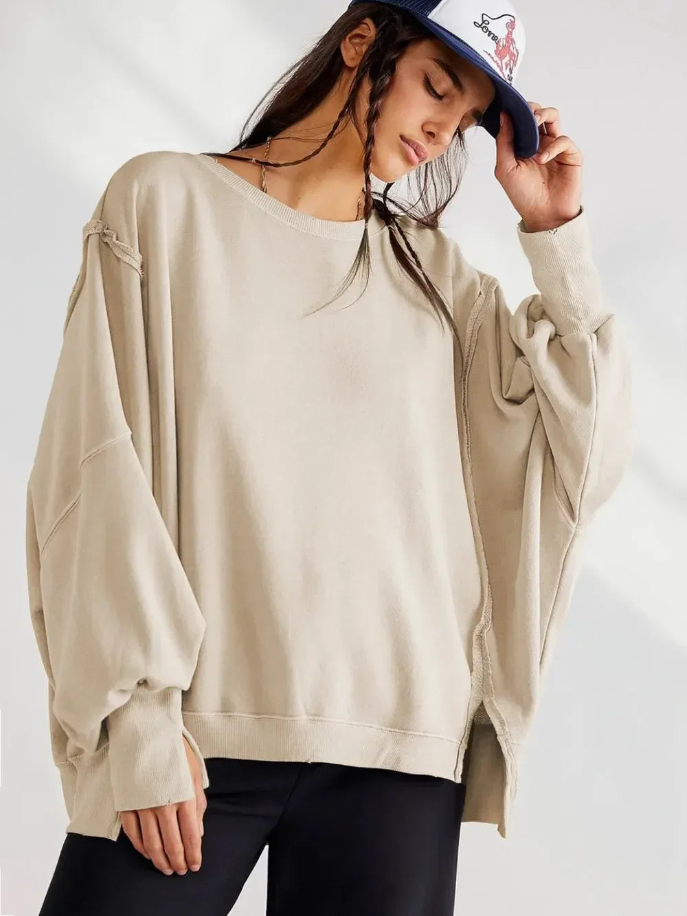 Slit Round Neck Dropped Shoulder Sweatshirt - DAVERRI FASHIONS