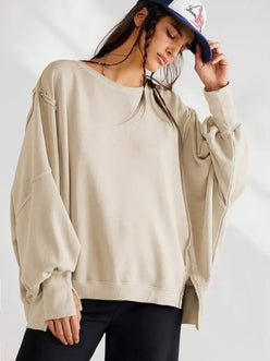 Slit Round Neck Dropped Shoulder Sweatshirt - DAVERRI FASHIONS
