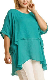 Umgee Turquoise Cuffed Half Sleeve Layered Blouse Blouses