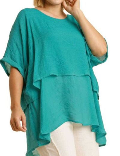 Umgee Turquoise Cuffed Half Sleeve Layered Blouse Blouses