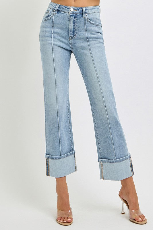 RISEN Plus Size Ankle Straight Leg Cuffed Jeans Light