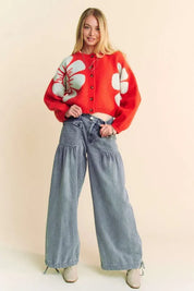 Davi & Dani Flower Contrast Round Neck Long Sleeve Cardigan | Cardigans Daverri Fashions