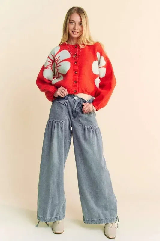 Davi & Dani Flower Contrast Round Neck Long Sleeve Cardigan - DAVERRI FASHIONS