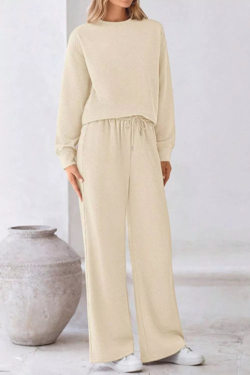 Cream-colored knit womens loungewear set with drawstring pants