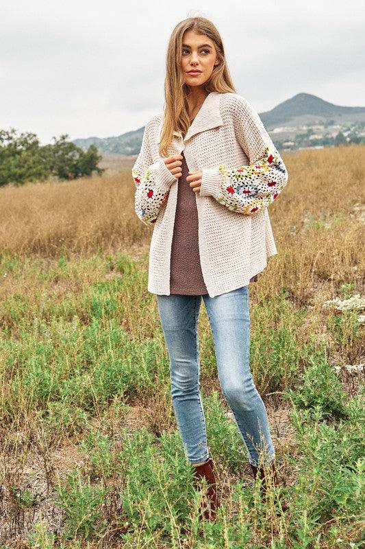 Crochet Floral Printed Long Sleeve Knit Cardigan Cardigans