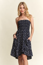 ADORA Smocked Floral Tube Dress with Pockets Navy