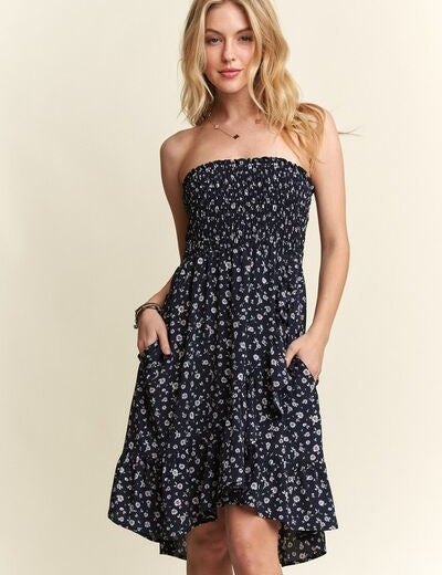 ADORA Smocked Floral Tube Dress with Pockets Navy