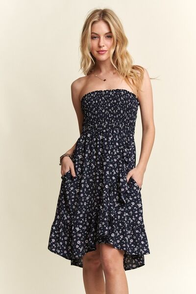 ADORA Smocked Floral Tube Dress with Pockets Navy