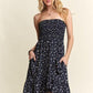 ADORA Smocked Floral Tube Dress with Pockets Navy S Knee Length Dresses