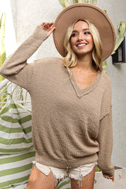 BiBi Raw Edged Popcorn Texture V-neck Sweater | Sweaters Daverri Fashions