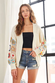 ADORA Full Size Contrast Crochet Open Front Long Sleeve Cardigan | Cardigans Daverri Fashions