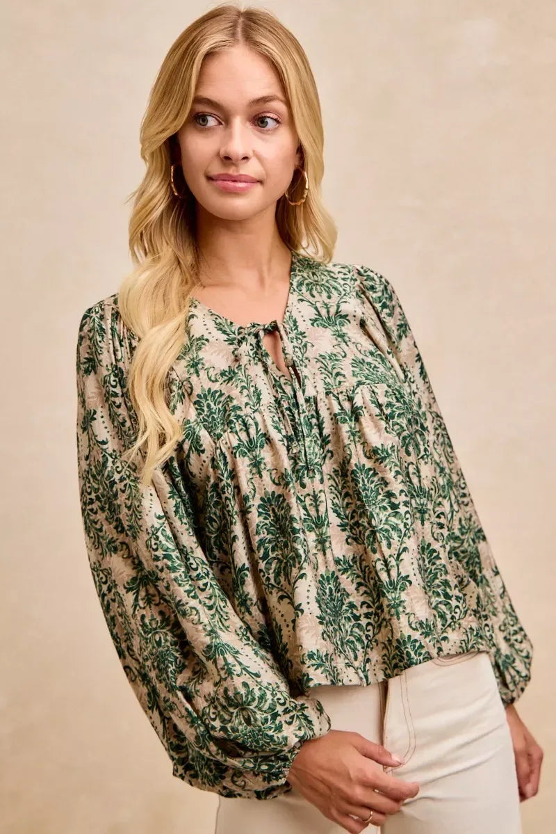 BiBi Printed Woven Front Tied Blouse with Baloon Sleeve - DAVERRI FASHIONS