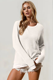 White Double Take Corded Rib Thumbhole Cuff Round Neck T-Shirt | T-Shirts Daverri Fashions