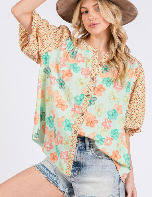 SAGE+FIG Button Down Bubble Sleeves Shirt Light Green