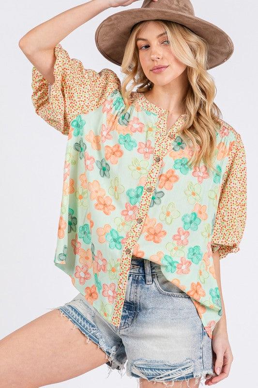 SAGE+FIG Button Down Bubble Sleeves Shirt Light Green S