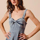 SO ME Mineral Washed Bow Ribbon Denim Flare Dress Mini Dresses