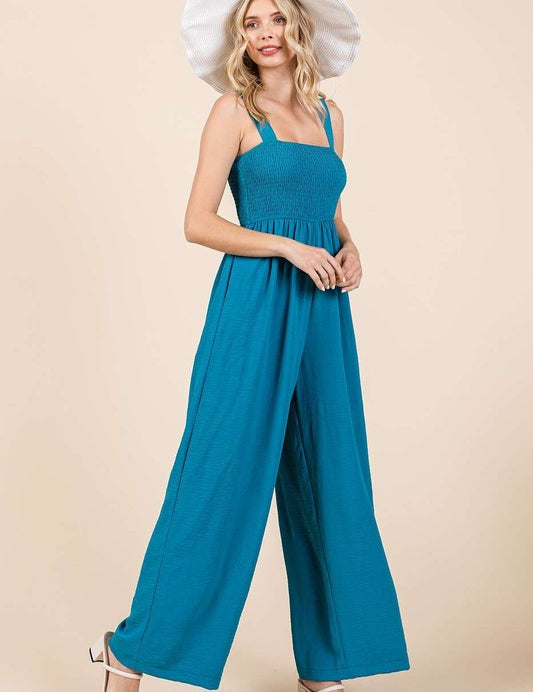 Mittoshop Smocked Wide Strap Wide Leg Overalls